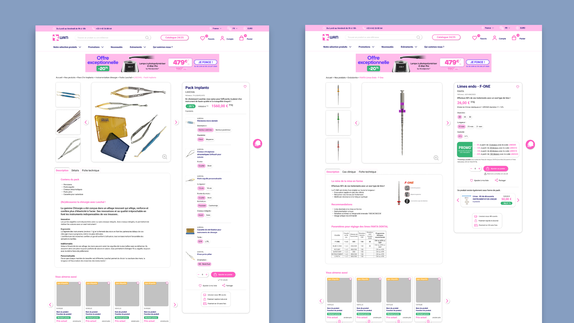 Maquettes UI/UX de deux types de page produit.