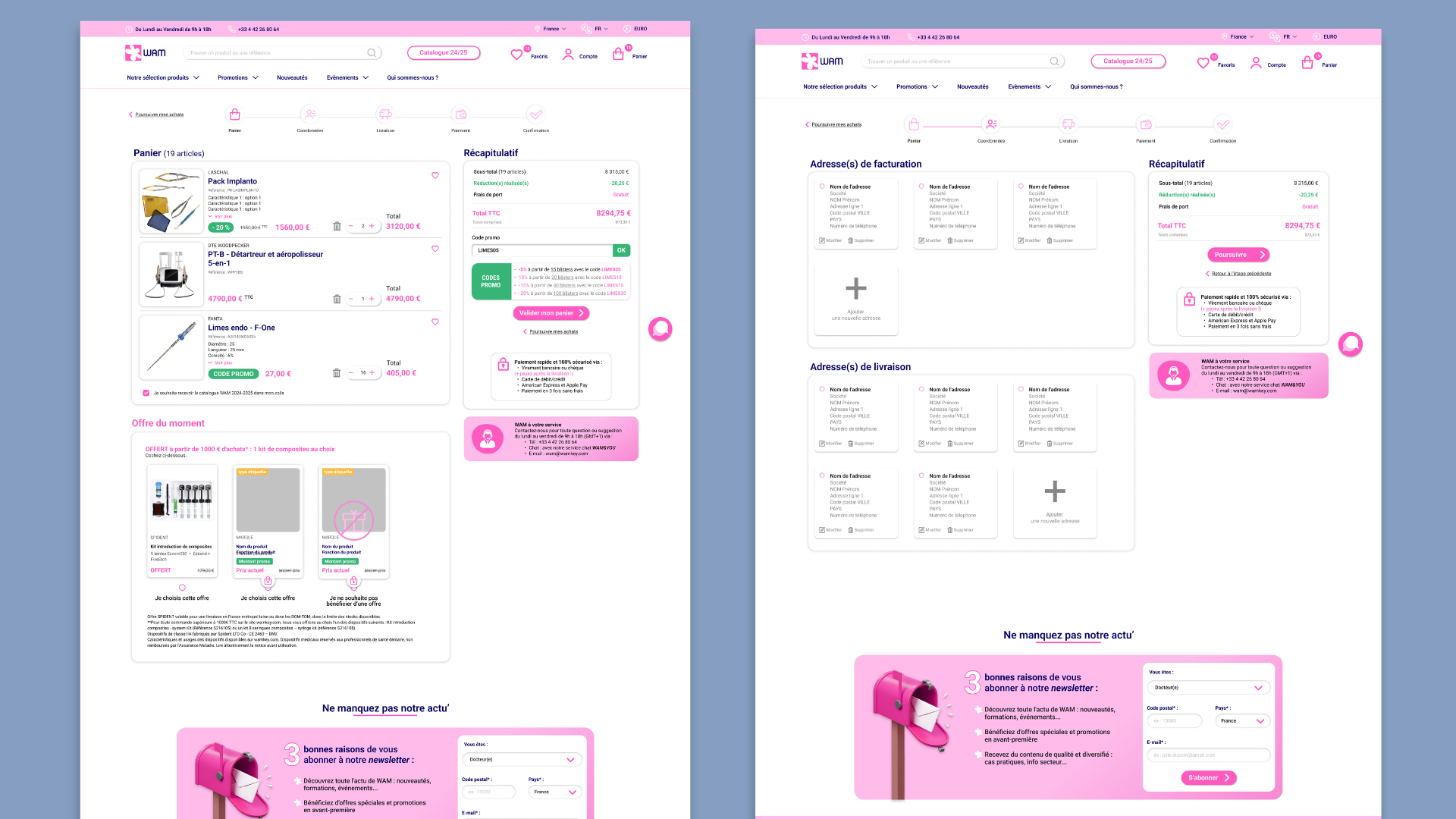 Maquette UI/UX de la page panier et ses étapes jusqu'à la finalisation de la commande.