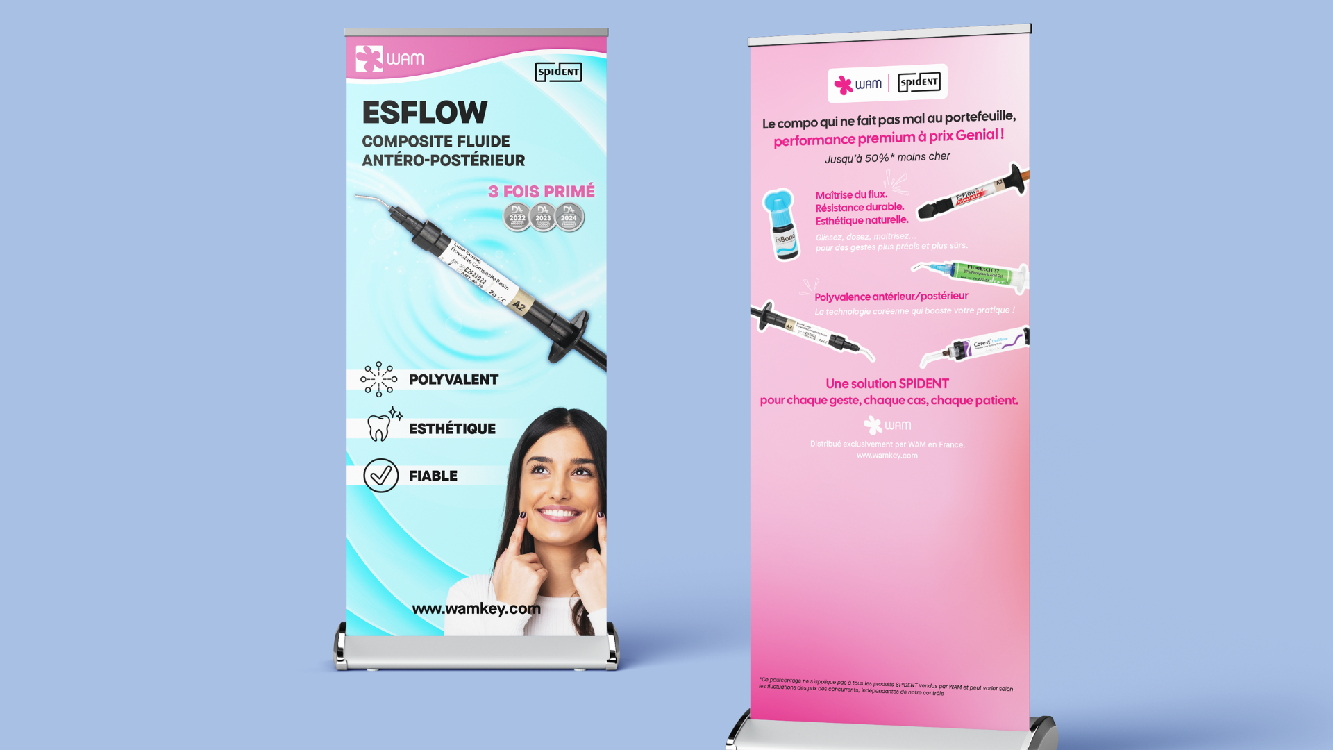 Conception de kakemonos promotionnels réalisés pour mettre en avant les produits WAM lors des opérations de communication.