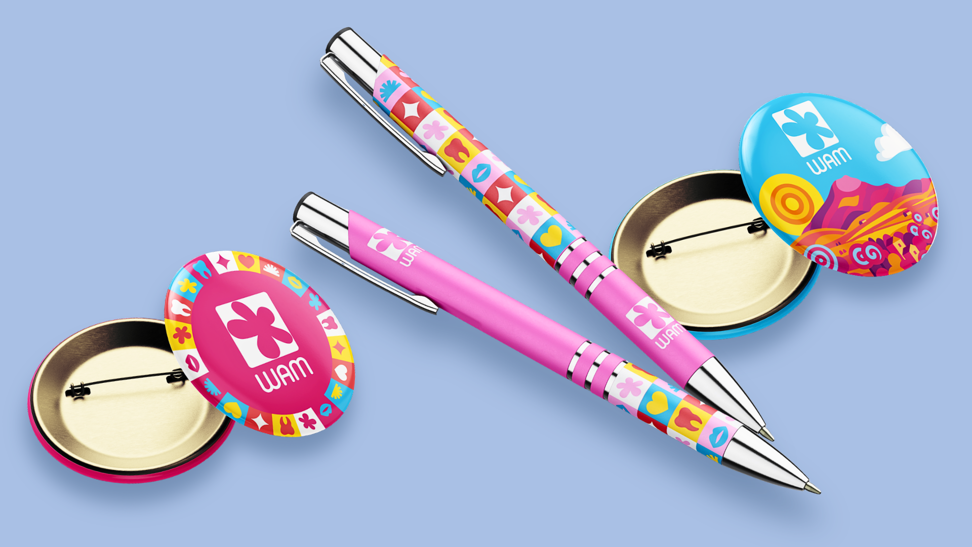 Design de stylos et de badges personnalisés aux couleurs de WAM conçus pour les supports de communication du congrès ADF.