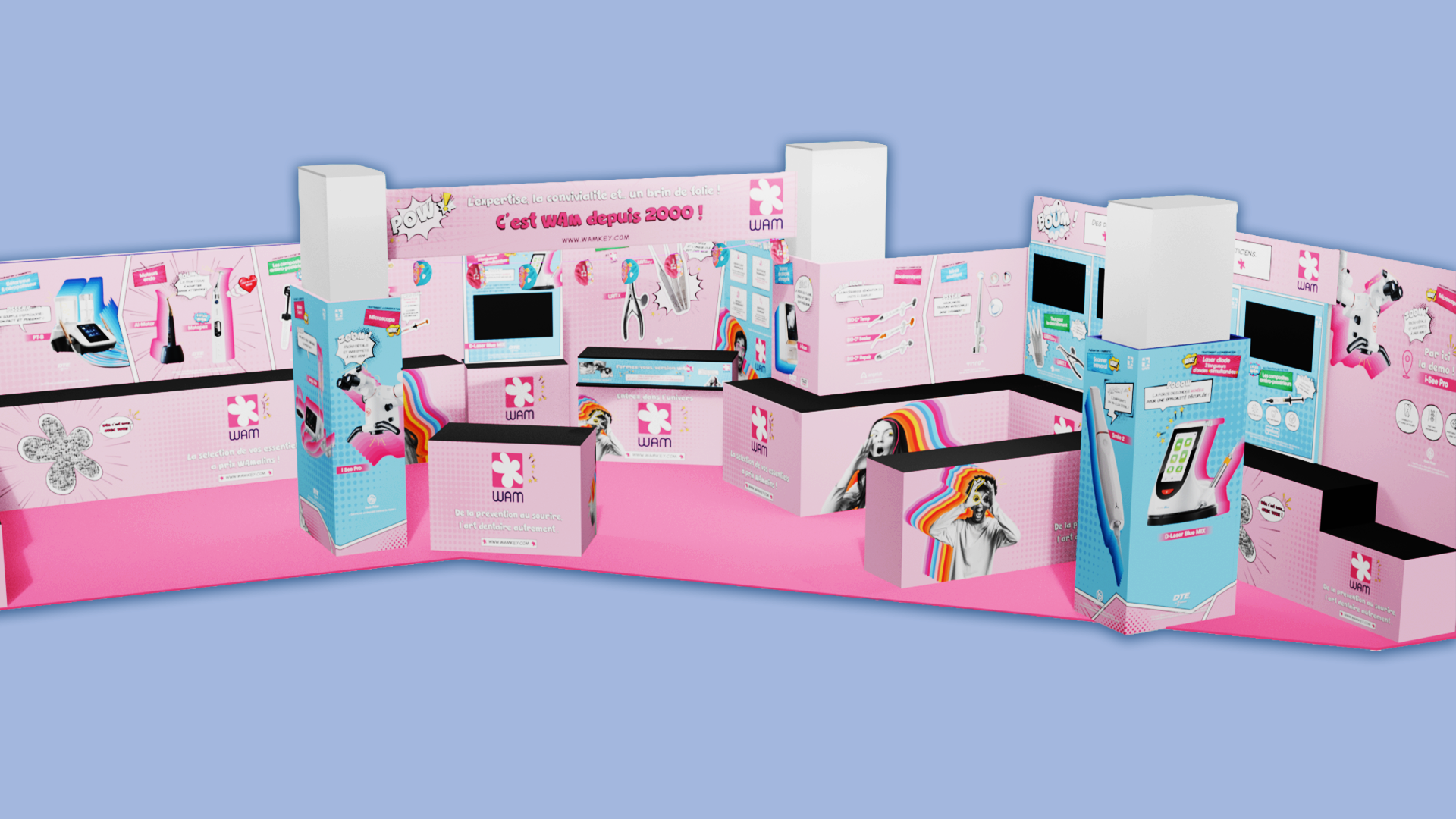 Simulation 3D du stand événementiel pensé autour du thème du congrès et de l’identité visuelle de WAM.