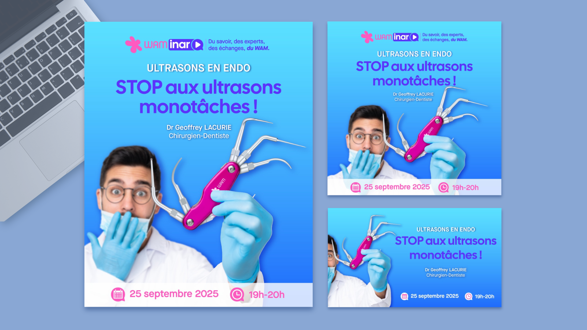 Déclinaison de visuels pour un webinaire sur les inserts à ultrasons.