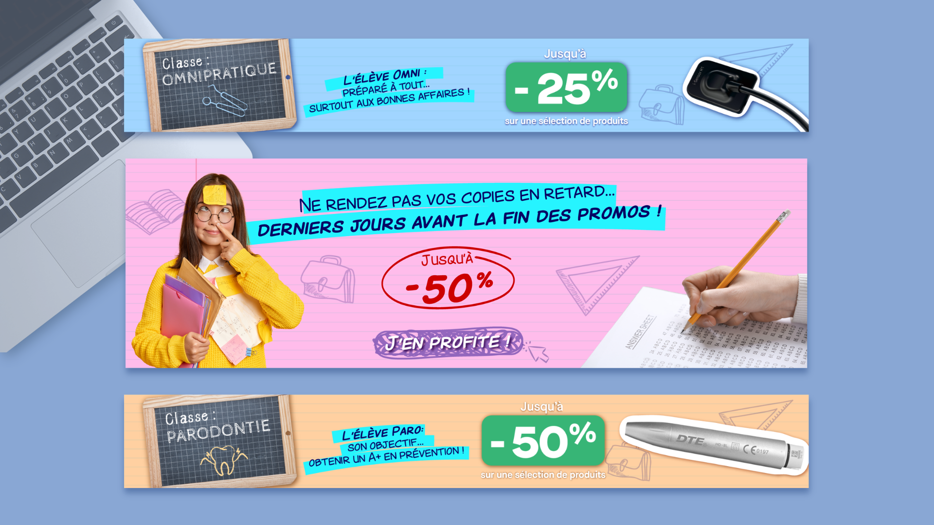 Déclinaison de visuels pour la campagne de communication de la rentrée scolaire.